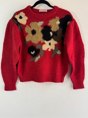 Vintage Barbara Floral Print Knit Sweater Red Cottagecore Fall Boho Chic